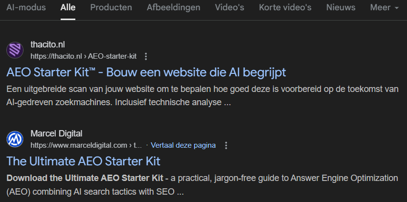 AEO Starter Kit op pagina 1 in Google